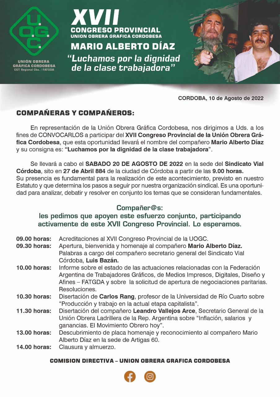 XVII Congreso Provincial  – Unión Obrera Gráfica Cordobesa