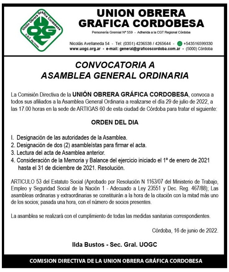 CONVOCATORIA A ASAMBLEA GENERAL ORDINARIA